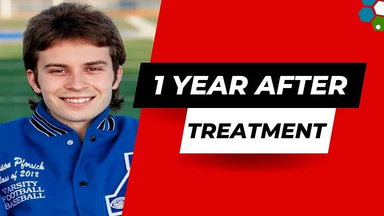 Young man in a blue varsity jacket smiling with text overlay "1 Year" and "TRE" on a red and white background.